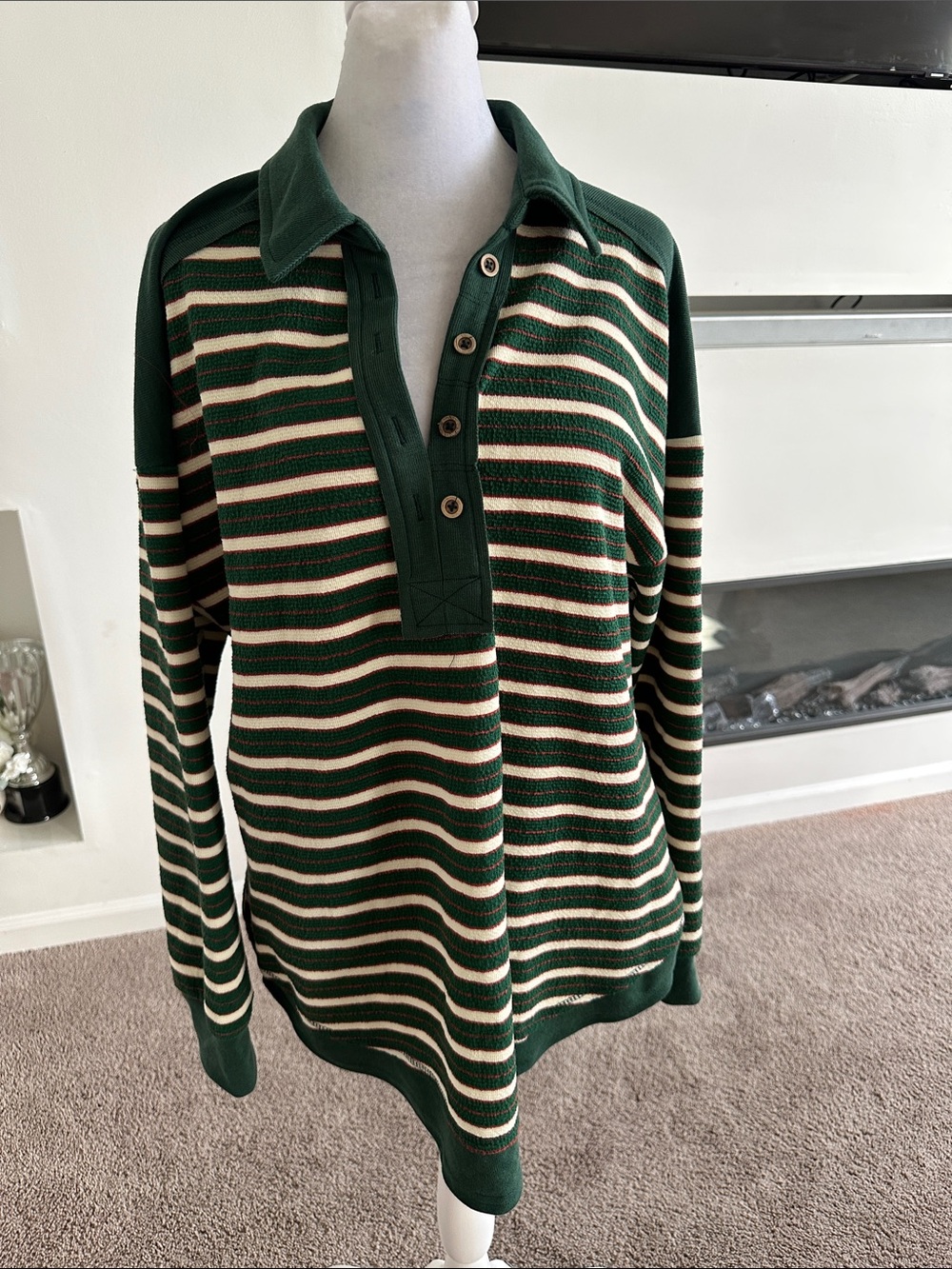 New in Forest Green and Cream Striped Collared Knit Sweater